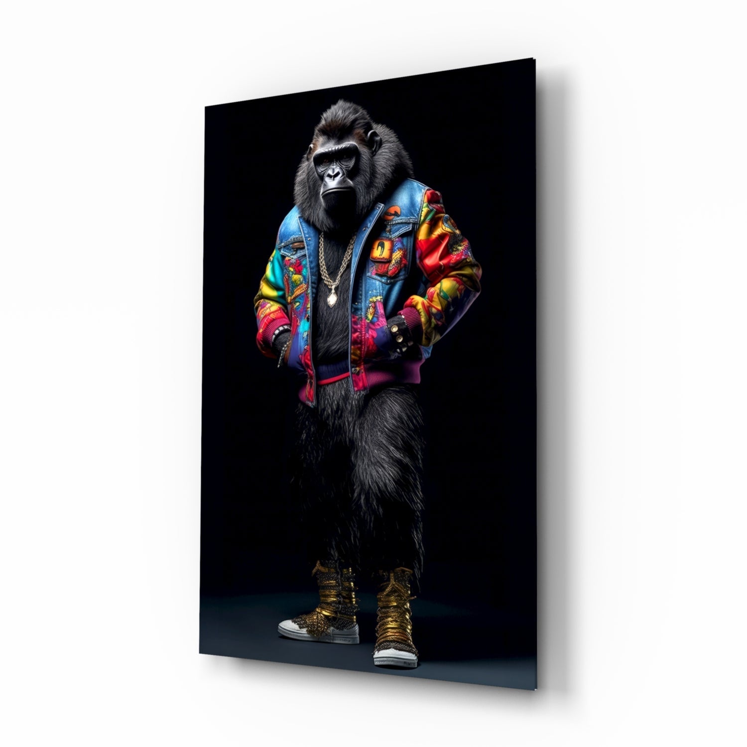 Stylized gorilla wearing vibrant multicolored jacket and gold sneakers against black background on glass panel.