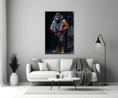 Colorful glass wall art depicting a stylized gorilla wearing a vibrant multicolored jacket and gold sneakers displayed above a white sofa in a modern living room.