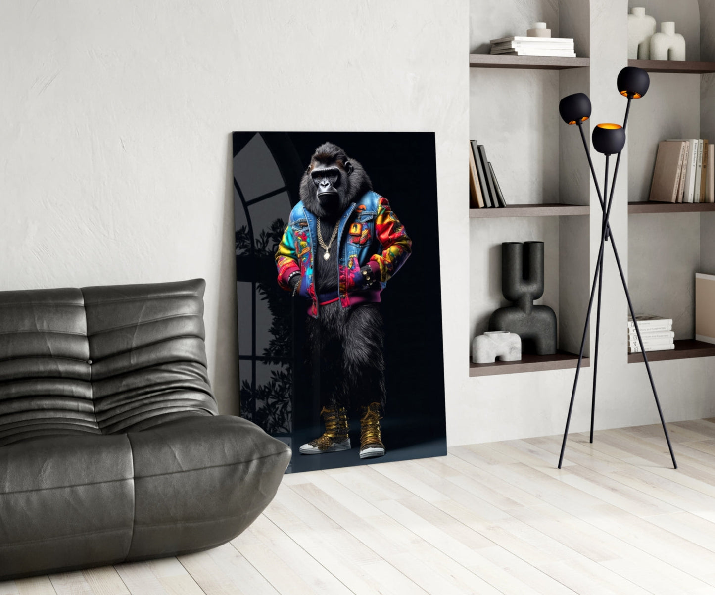 Modern living room displaying glass wall art of a stylized gorilla wearing a colorful jacket and gold sneakers against a black background.