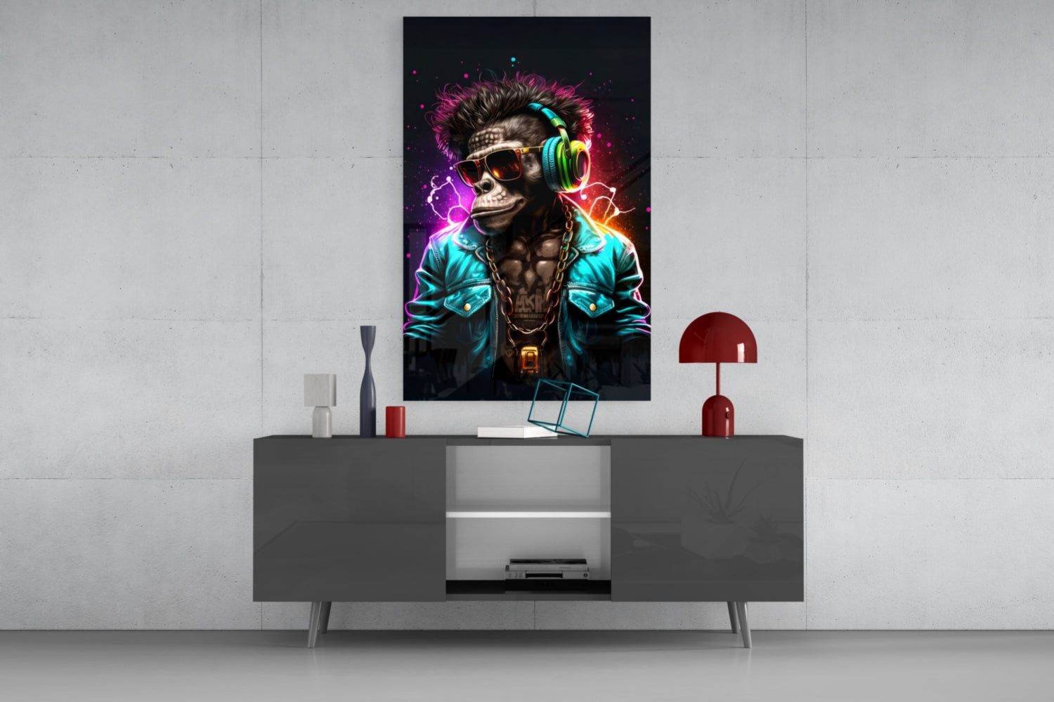 Neon-glowing skeletal figure wearing headphones and sunglasses displayed on wall above gray media console in modern interior setting.