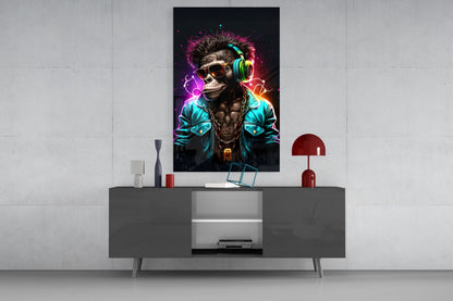 Neon-glowing skeletal figure wearing headphones and sunglasses displayed on wall above gray media console in modern interior setting.
