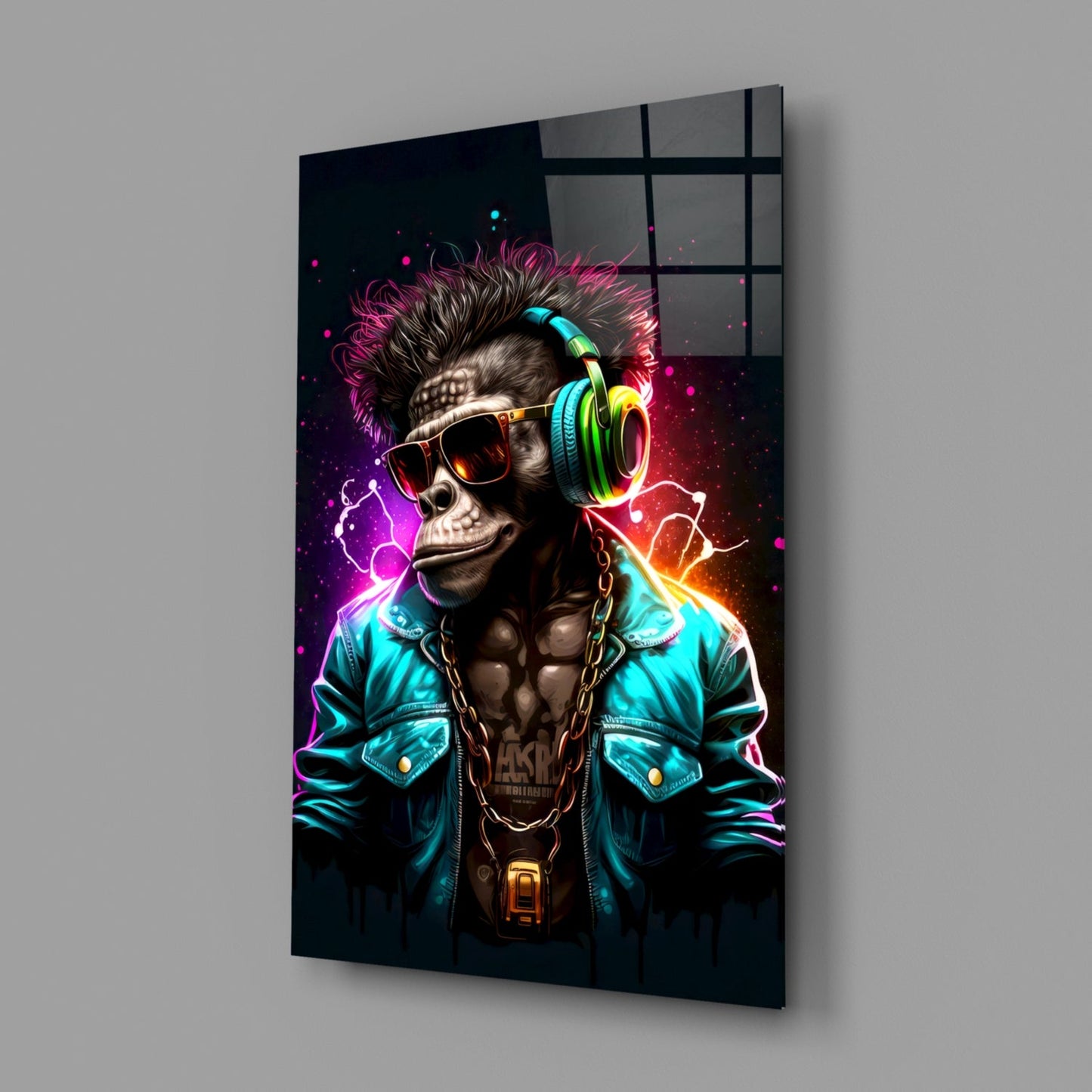Angled view of glass wall art featuring a neon-lit monkey wearing sunglasses and colorful headphones against a dark background with vibrant pink, cyan, and orange lighting effects.