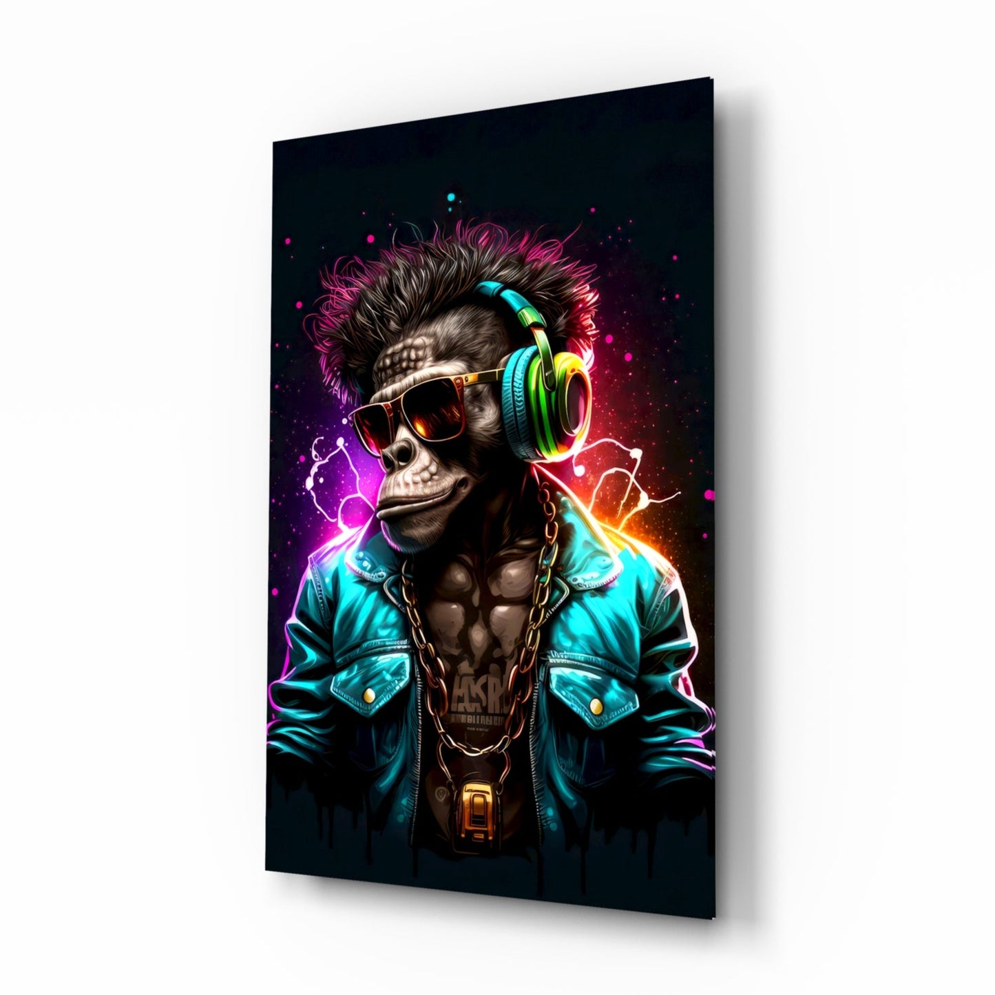 Angled side view of glass wall art featuring a stylized skull wearing colorful headphones, sunglasses, and turquoise jacket with neon pink and cyan lighting effects on dark background.