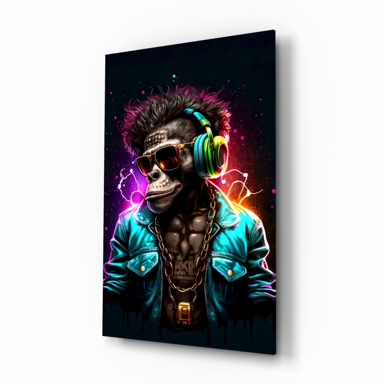 Angled side view of glass wall art featuring a stylized skull wearing colorful headphones, sunglasses, and turquoise jacket with neon pink and cyan lighting effects on dark background.