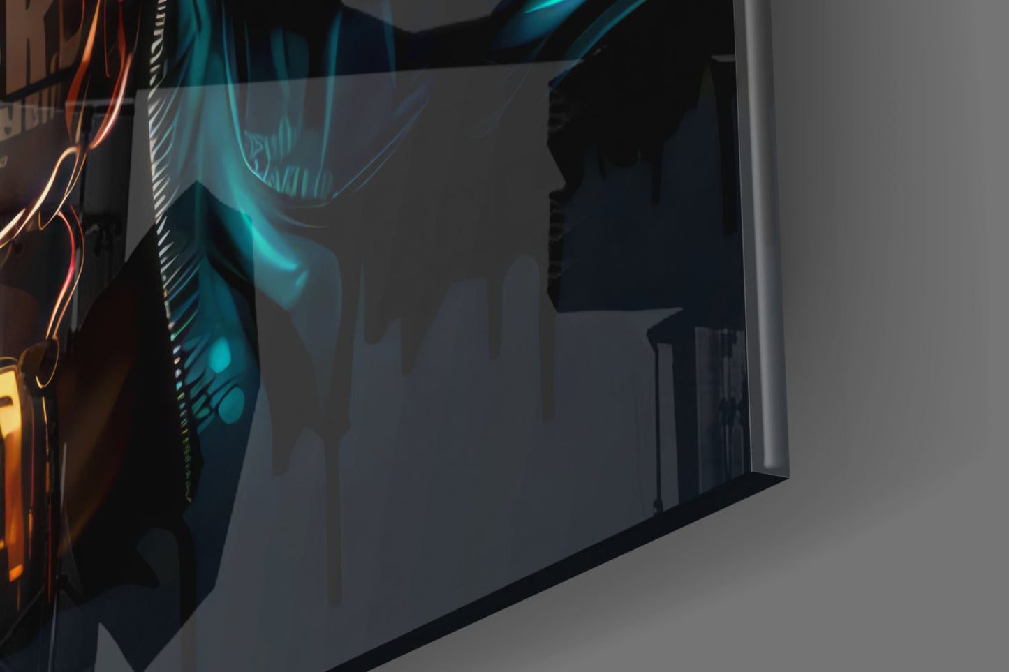 Close-up side view of illuminated glass wall art with glowing cyan and orange neon lines against dark background.