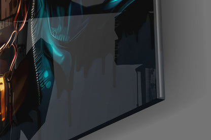 Close-up side view of illuminated glass wall art with glowing cyan and orange neon lines against dark background.
