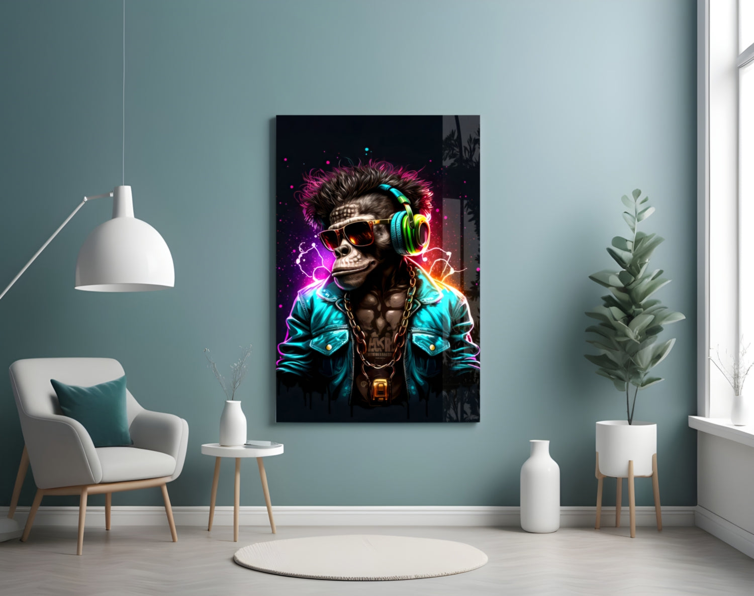 Neon glowing skull character with headphones and sunglasses displayed on glass wall art in modern room setting.