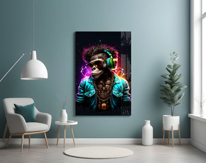 Neon glowing skull character with headphones and sunglasses displayed on glass wall art in modern room setting.