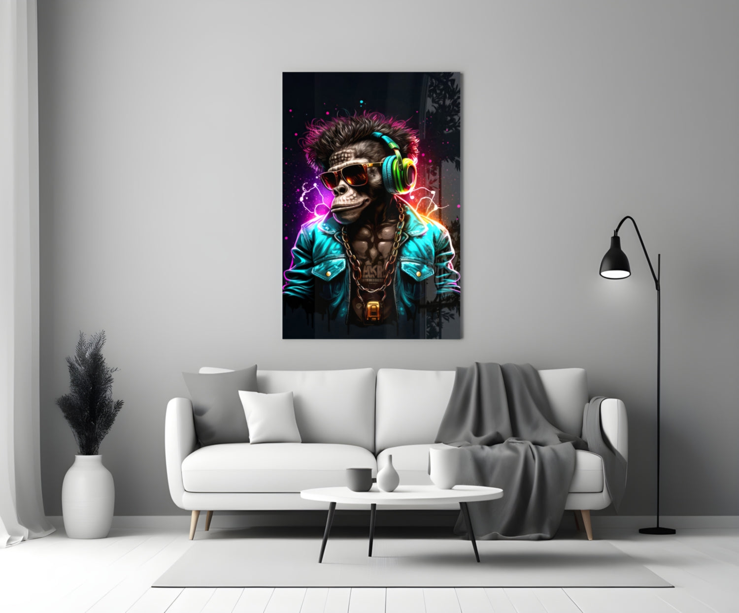 Neon-lit skull character with colorful headphones and turquoise jacket displayed as glass wall art above white sofa in modern living room.
