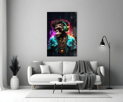 Neon-lit skull character with colorful headphones and turquoise jacket displayed as glass wall art above white sofa in modern living room.