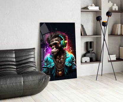 Vibrant neon glass wall art depicting a stylized monkey wearing colorful headphones and sunglasses, displayed in a modern living room setting.