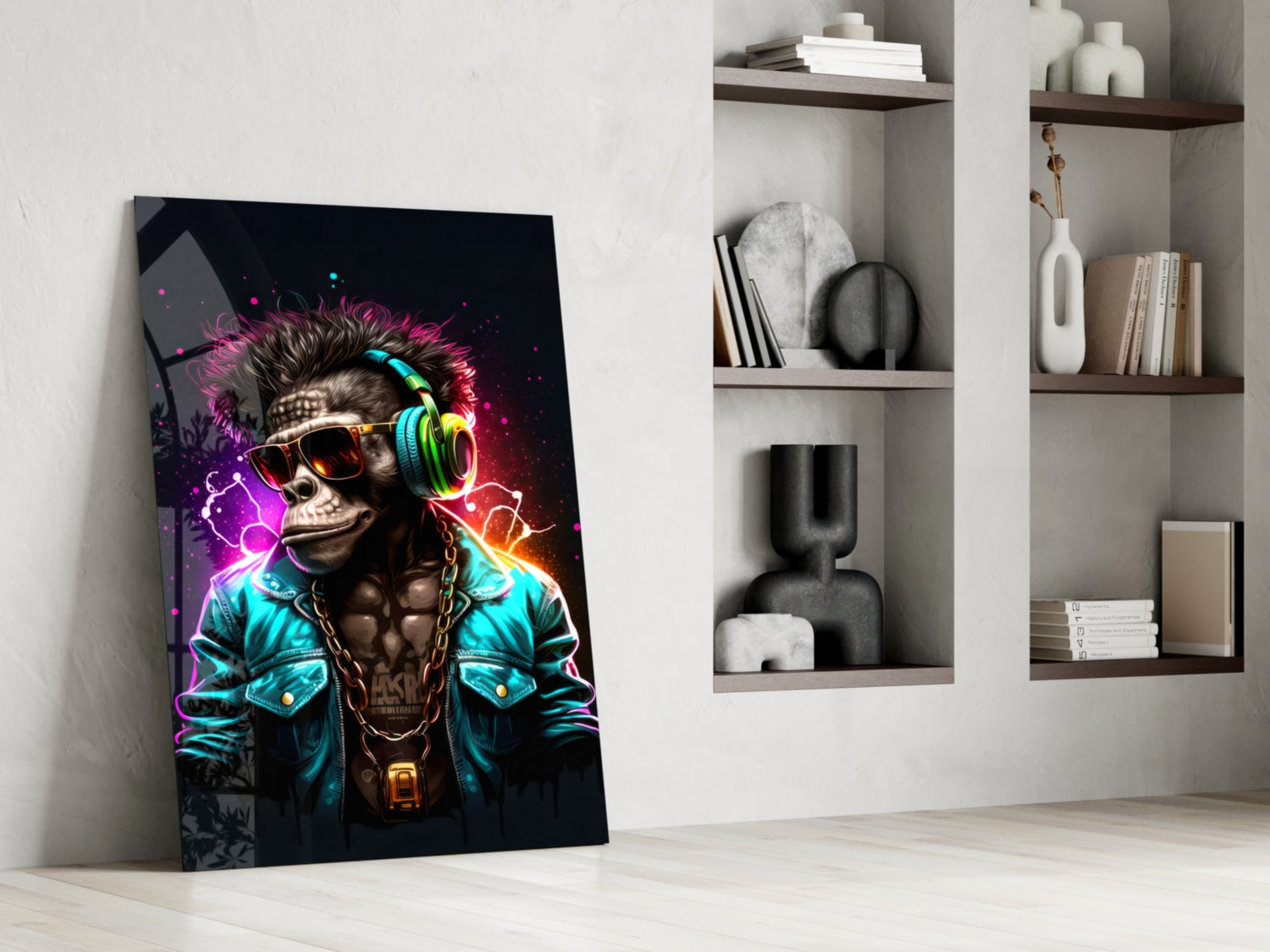 Neon-glowing chimp with headphones and sunglasses on vibrant glass wall art leaning against white wall beside shelving.