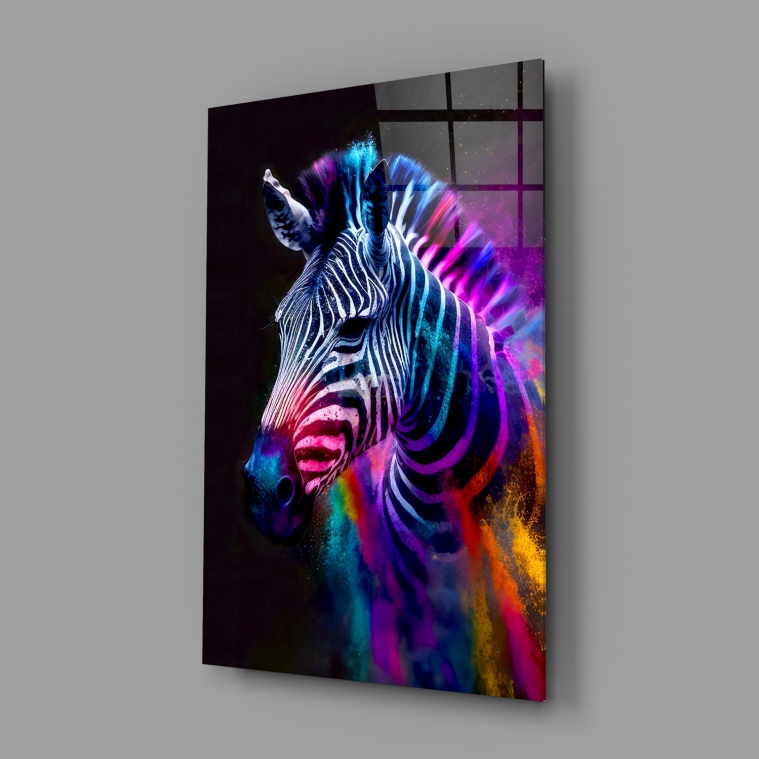 Angled view of a glass wall panel featuring a neon-colored zebra head with vibrant blue, pink, purple, and yellow paint effects on black background.