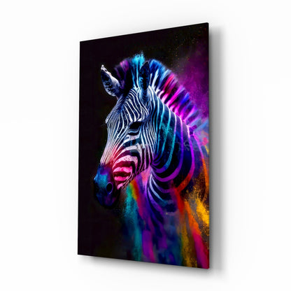 Angled perspective view of a glass wall art panel featuring a neon-colored zebra head with vibrant blue, pink, purple, and yellow streaks against a black background.