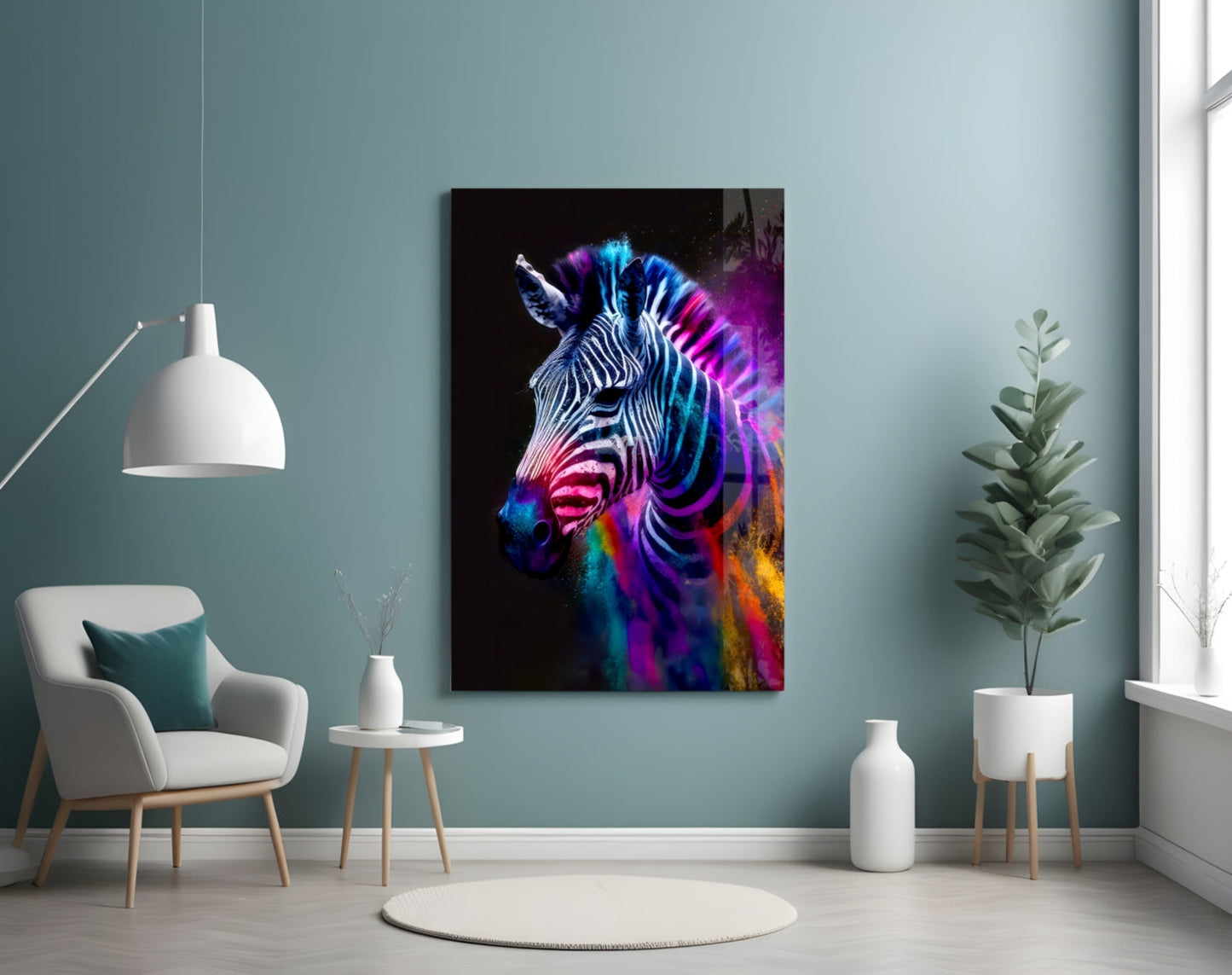 Colorful neon zebra canvas art displayed on a turquoise wall above a white armchair in a modern interior setting.