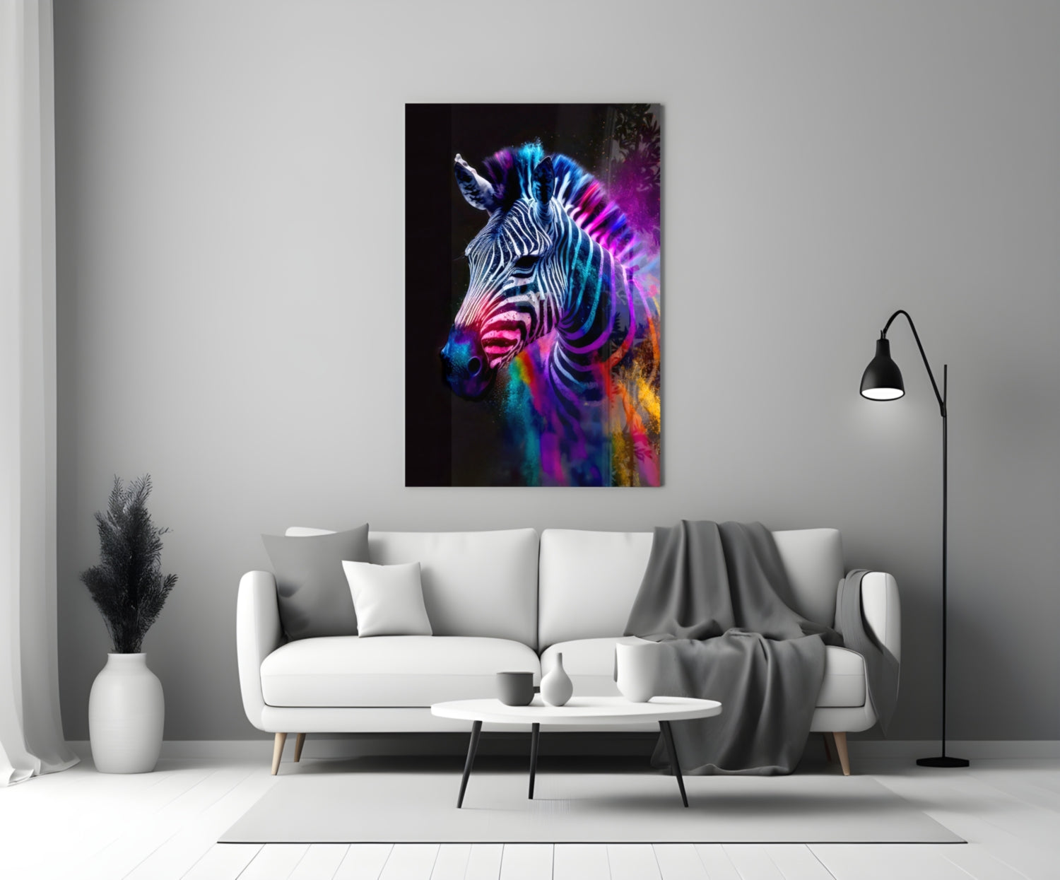 Colorful neon zebra head glass wall art displayed above white sofa in modern living room setting.