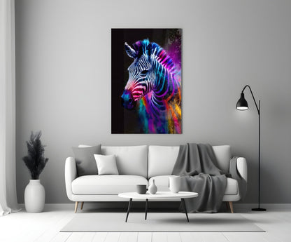 Colorful neon zebra head glass wall art displayed above white sofa in modern living room setting.