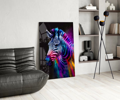 Colorful neon zebra head glass art displayed in modern living room with gray sofa, black floor lamp, and wall shelving.
