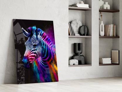 Vibrant neon zebra portrait with rainbow colors leaning against white wall beside wooden shelving.
