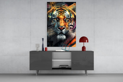 Colorful tiger face glass wall art displayed above a gray media console with decorative accessories in a modern interior setting.