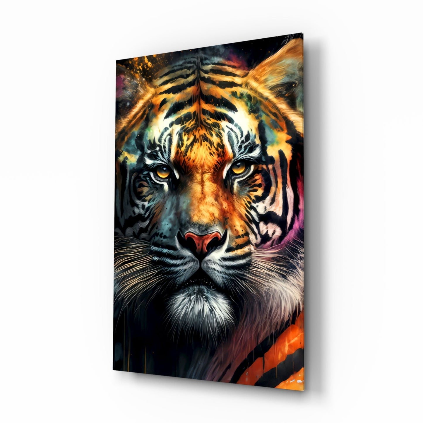 Angled view of glass wall art depicting a tiger's face with vibrant orange, gold, and black stripes against a dark background with colorful accents.