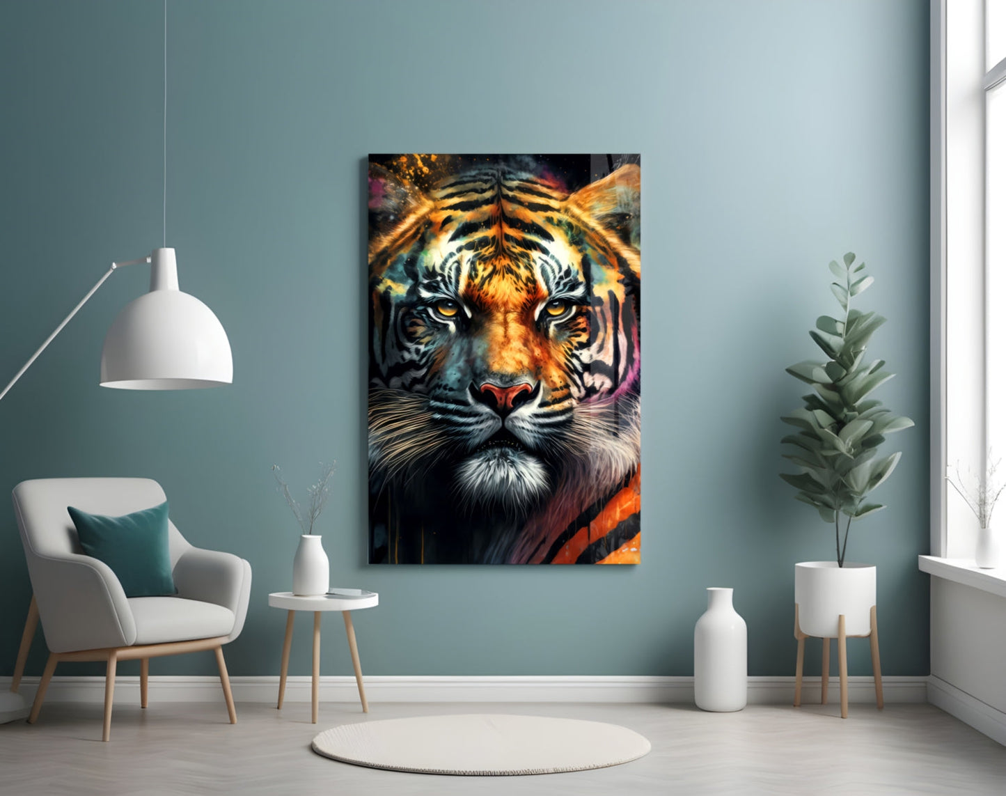 Colorful tiger face glass wall art hanging in modern living room with teal walls, white chair, and potted plants.