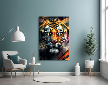 Colorful tiger face glass wall art hanging in modern living room with teal walls, white chair, and potted plants.