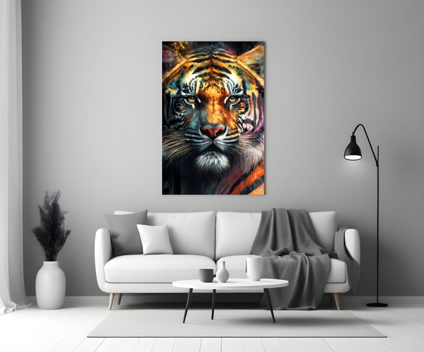 Vibrant tiger face glass wall art hanging above white sofa in minimalist living room interior.