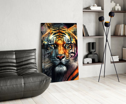 Colorful tiger face glass wall art displayed in modern living room with gray sofa and shelving.