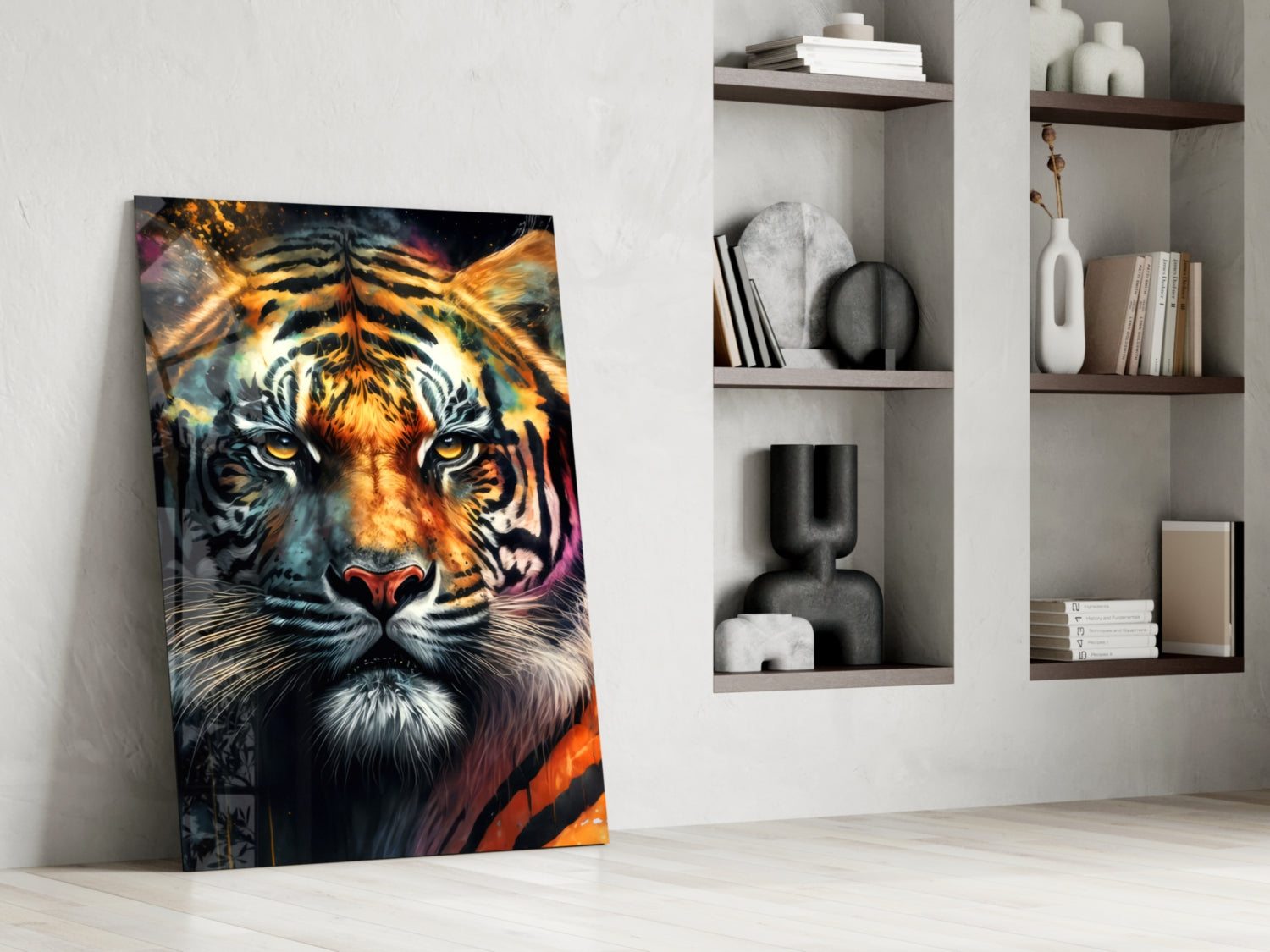 Colorful tiger face glass art leaning against white wall beside shelving unit with decorative items.