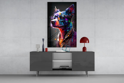 Neon Splash Dog in Glasses and Suit Glass Wall Art