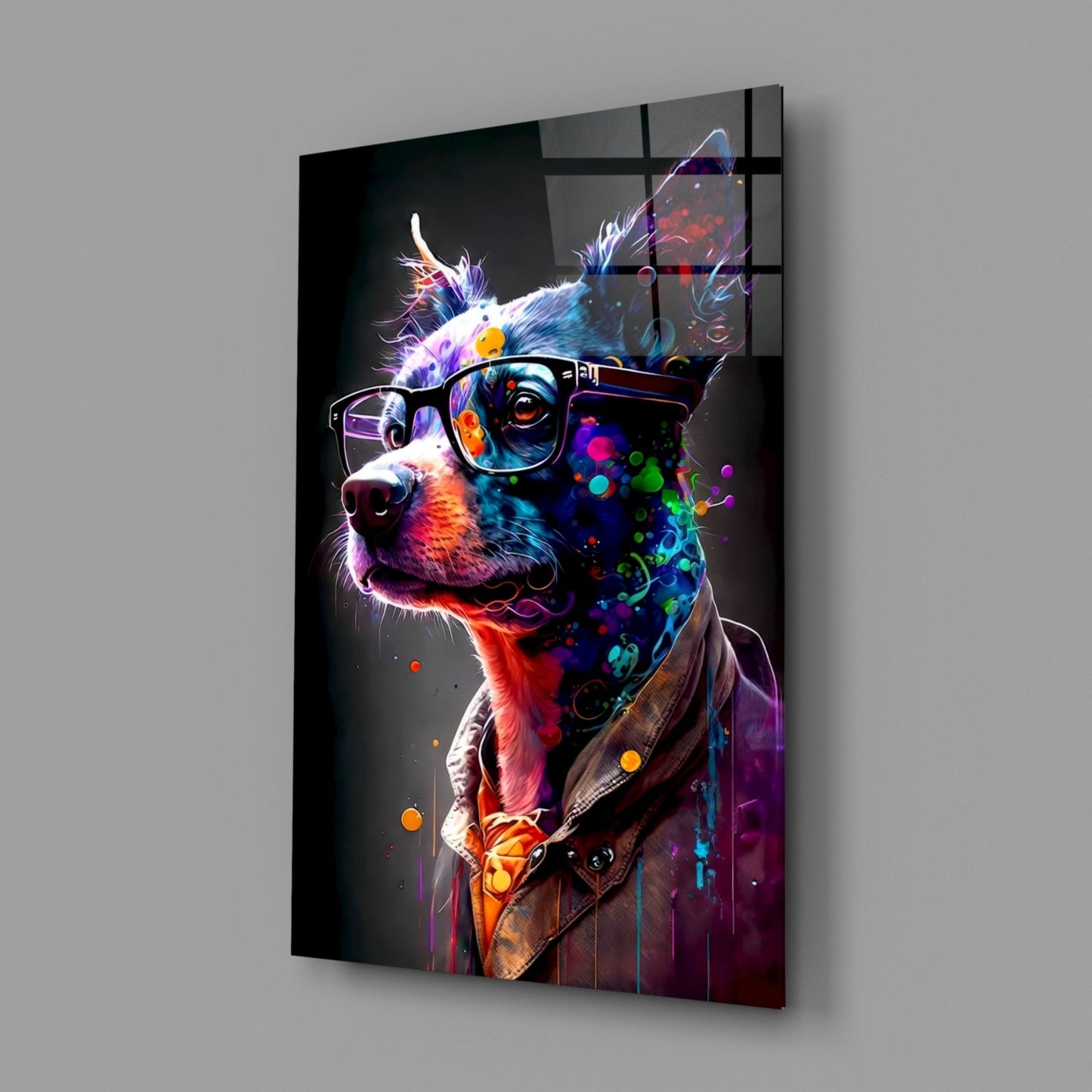 Neon Splash Dog in Glasses and Suit Glass Wall Art