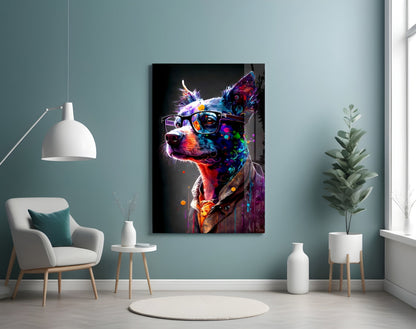 Neon Splash Dog in Glasses and Suit Glass Wall Art