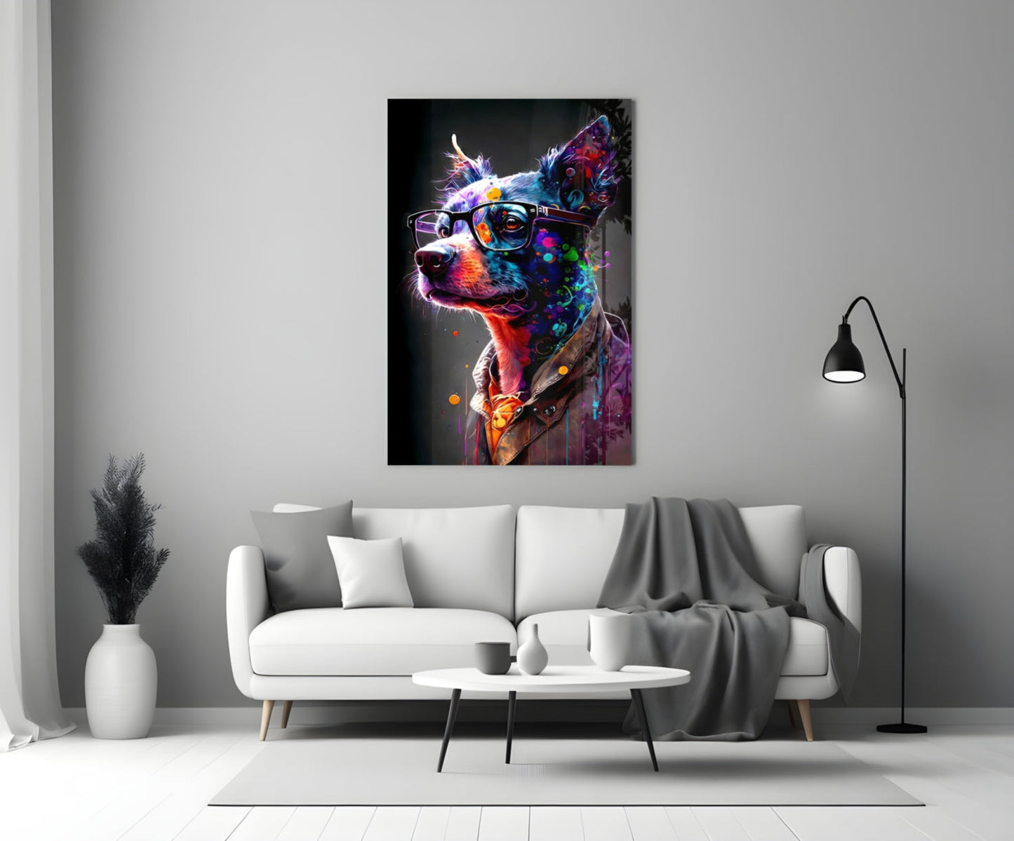Neon Splash Dog in Glasses and Suit Glass Wall Art