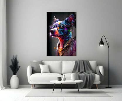 Neon Splash Dog in Glasses and Suit Glass Wall Art