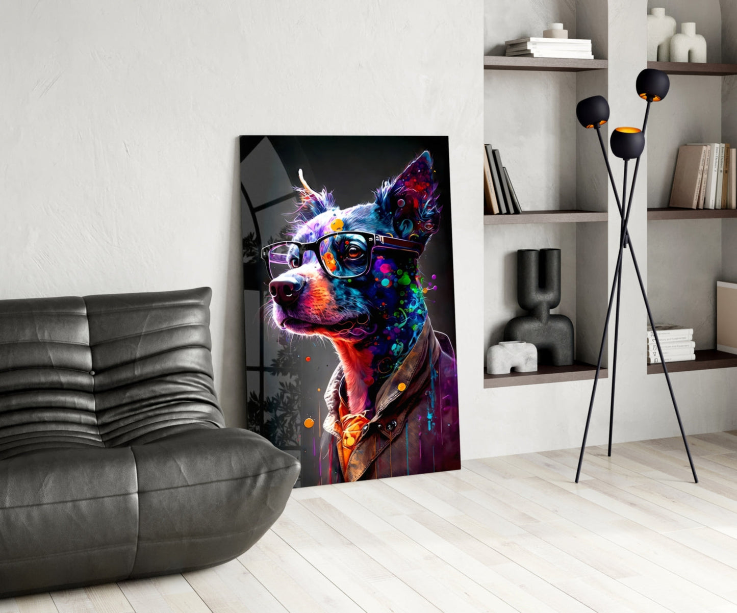 Neon Splash Dog in Glasses and Suit Glass Wall Art