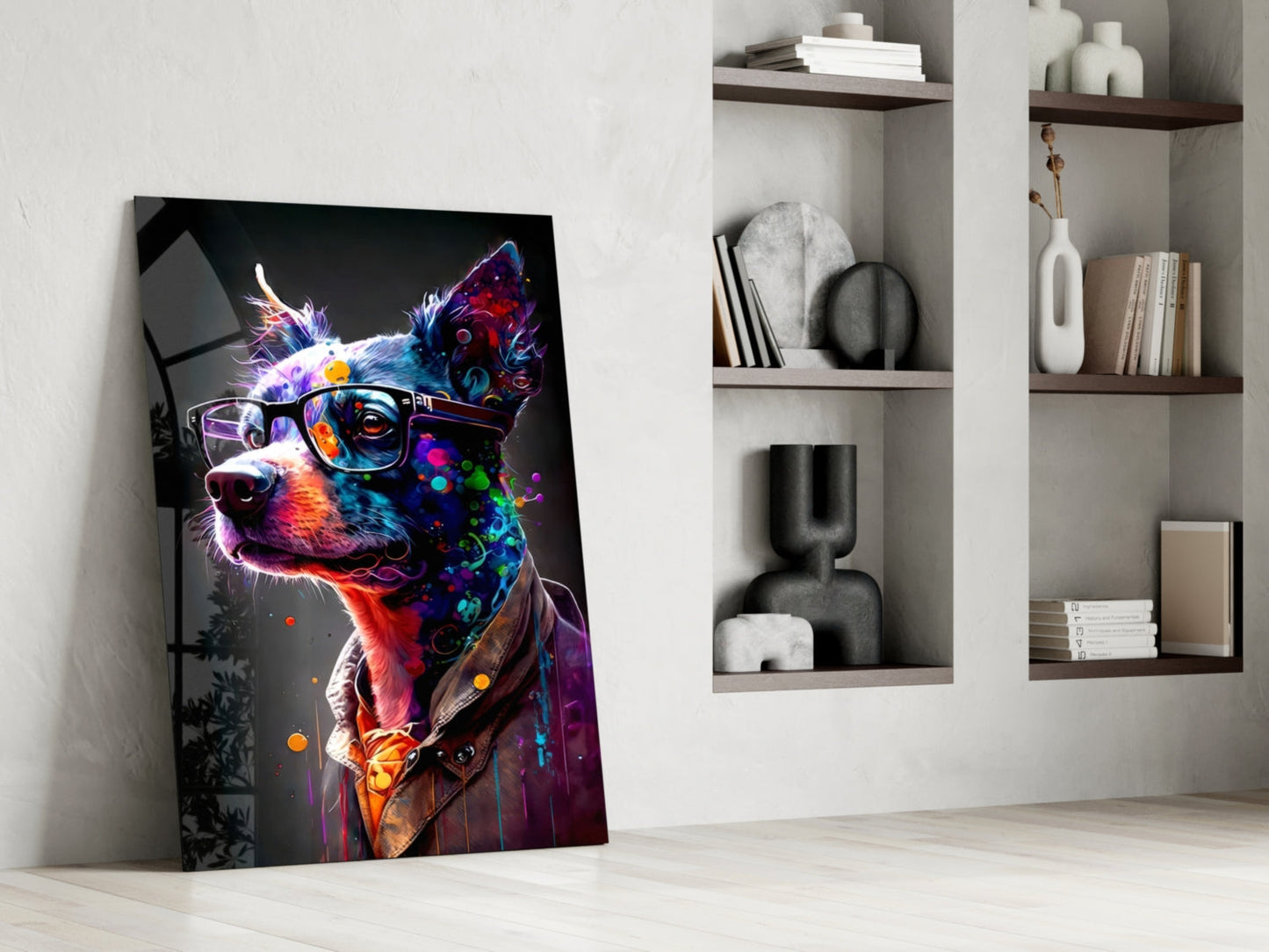 Neon Splash Dog in Glasses and Suit Glass Wall Art