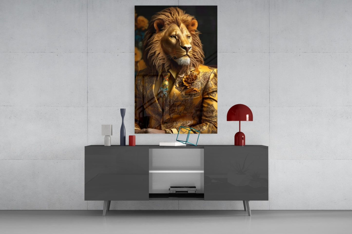Lion In Gold Brocade Jacket Glass Wall Art