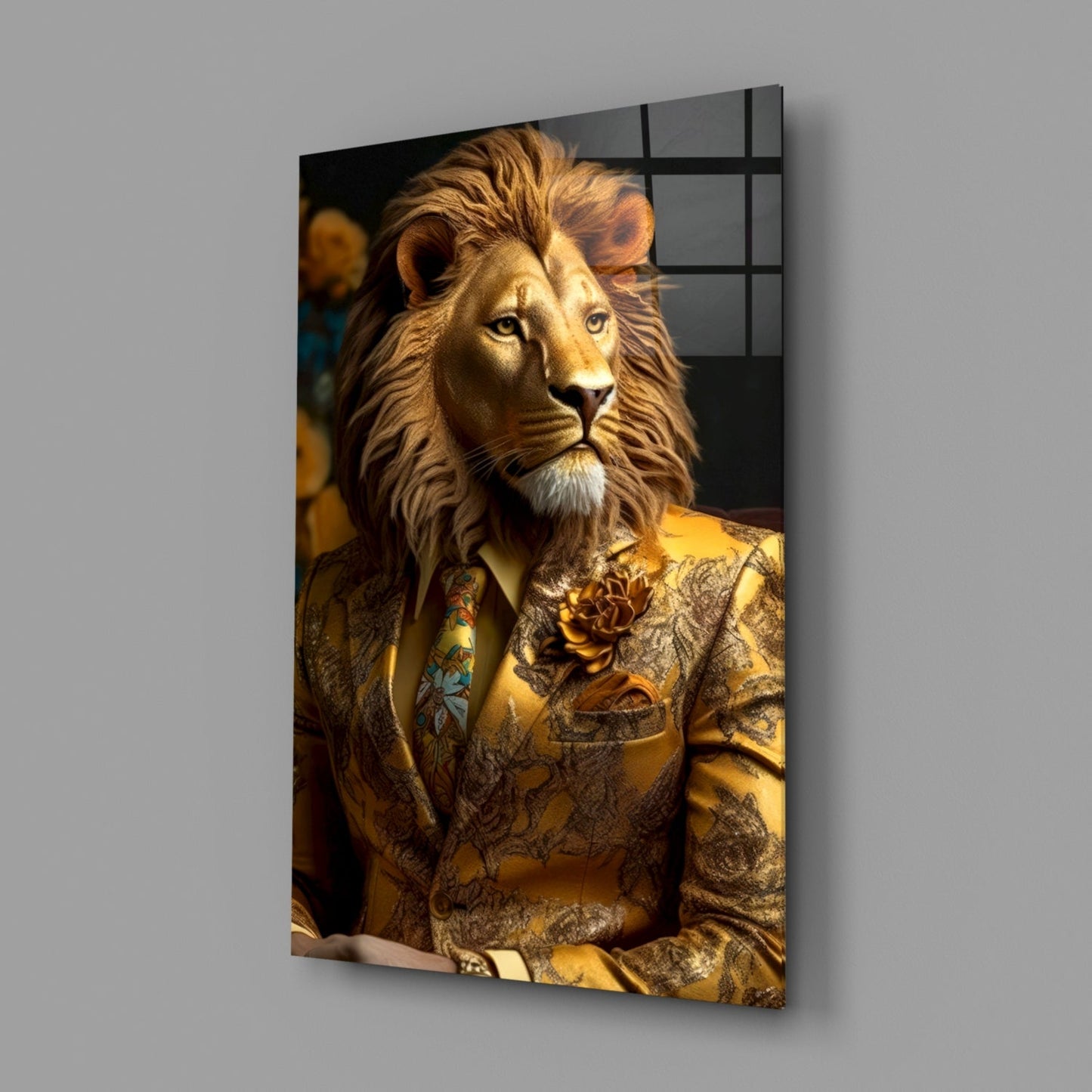 Lion In Gold Brocade Jacket Glass Wall Art