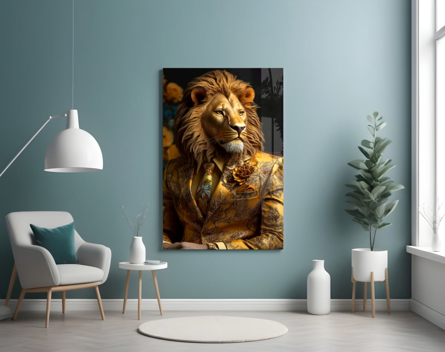 Lion In Gold Brocade Jacket Glass Wall Art