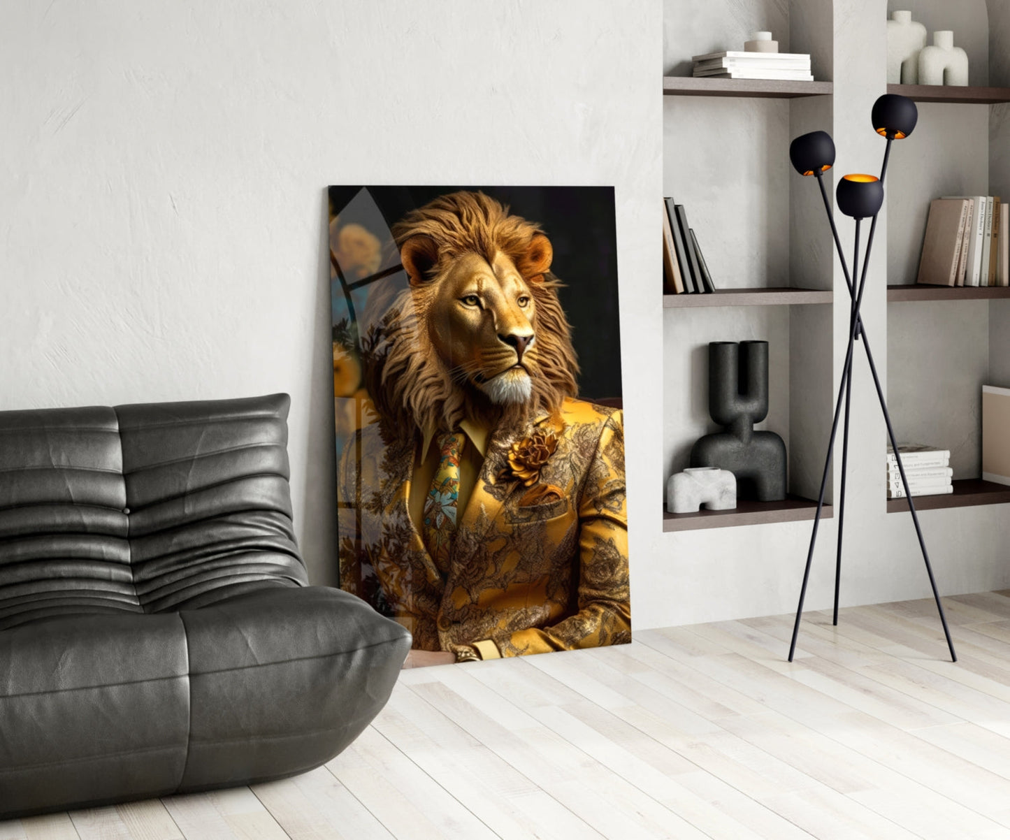 Lion In Gold Brocade Jacket Glass Wall Art