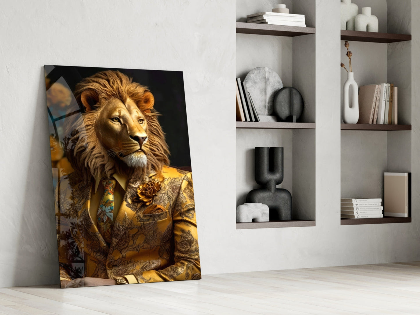 Lion In Gold Brocade Jacket Glass Wall Art