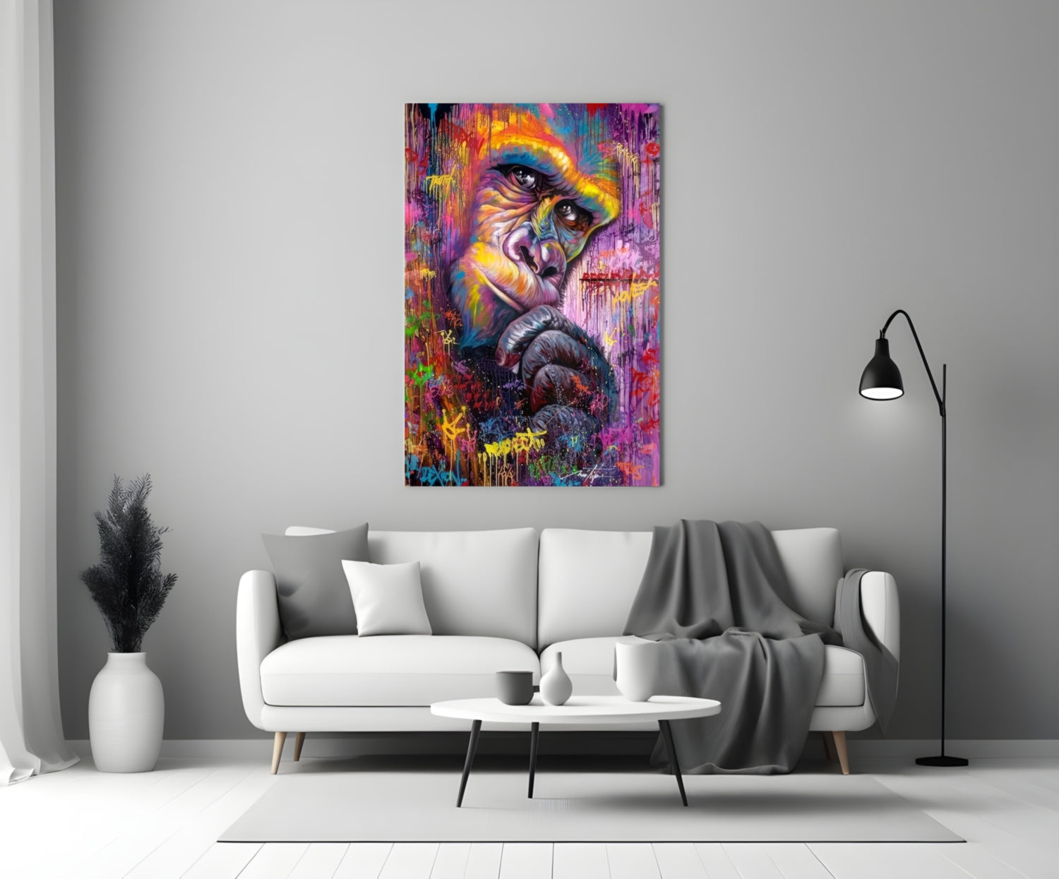 Colorful primate portrait glass wall art displayed above white sofa in modern living room interior.