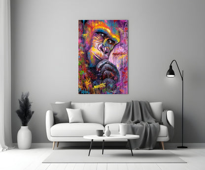 Colorful primate portrait glass wall art displayed above white sofa in modern living room interior.