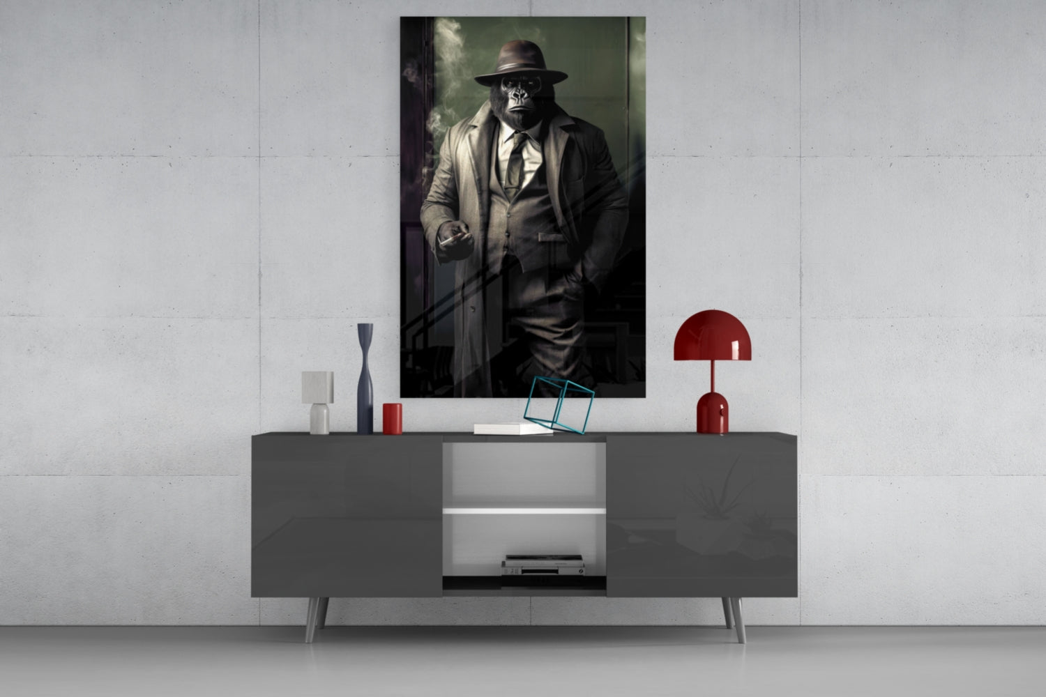 Portrait artwork of a chimpanzee in fedora and suit displayed above gray sideboard with red lamp and decorative accessories.