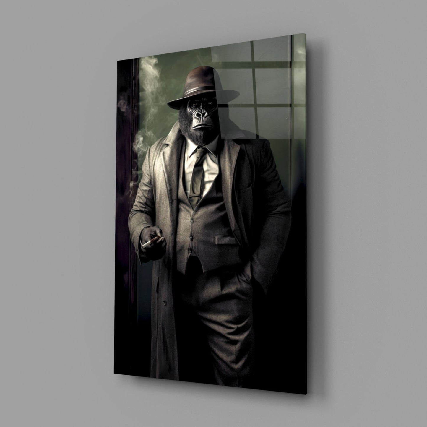 A glass wall art panel displaying an anthropomorphic primate in formal noir attire with fedora hat, viewed at an angle against a gray background.
