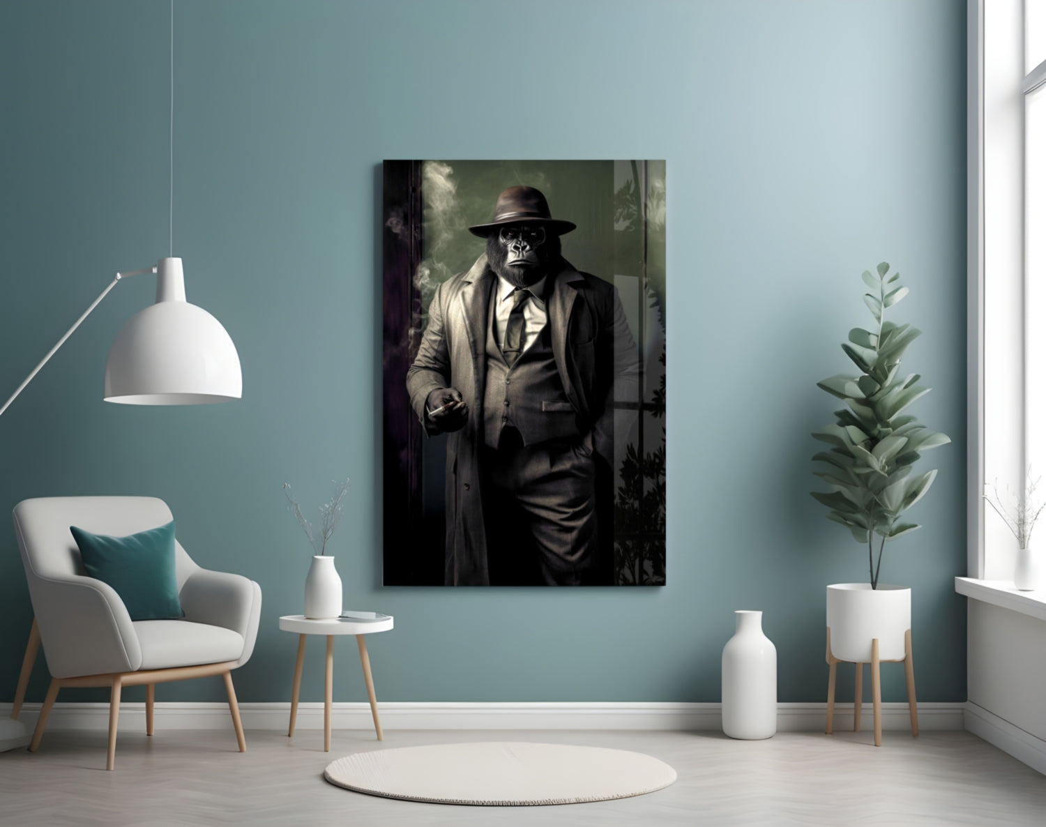 Canvas artwork displayed on pale blue wall above cream armchair, showing primate detective in fedora and trench coat.