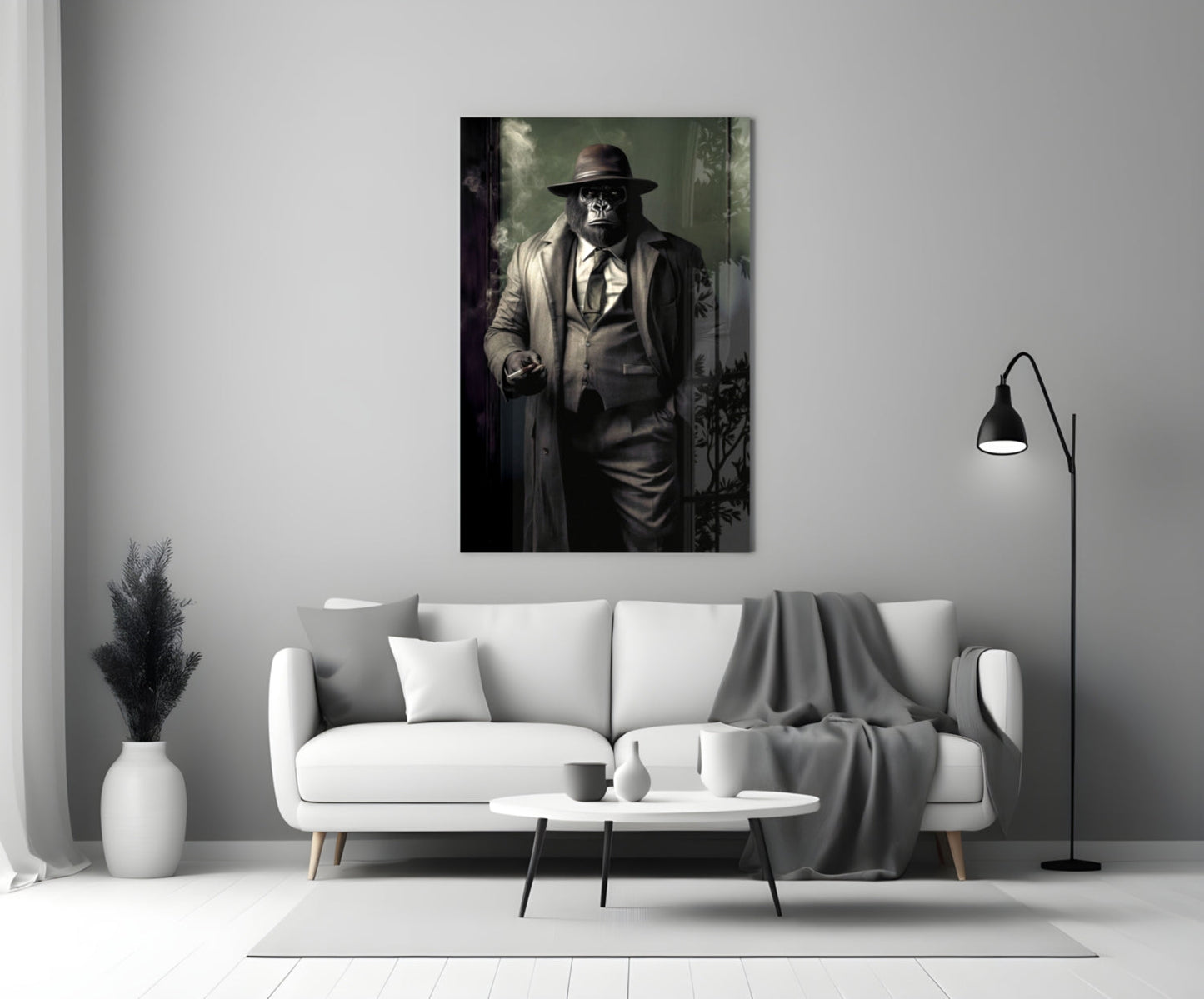Mr. Inspector Glass wall art mounted above a white sofa in a minimalist living room setting.
