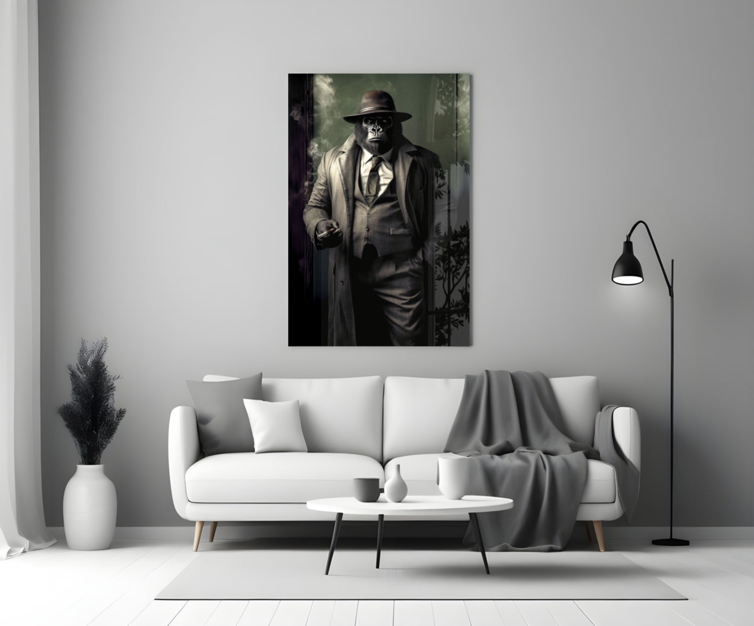 Mr. Inspector Glass wall art mounted above a white sofa in a minimalist living room setting.