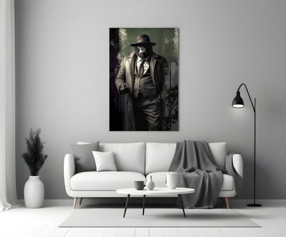 Mr. Inspector Glass wall art mounted above a white sofa in a minimalist living room setting.